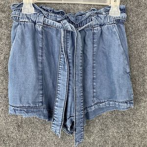H&M Chambray Shorts Women Sz 8 Tie Belt Elastic Waist Hi-Rise Lyocell